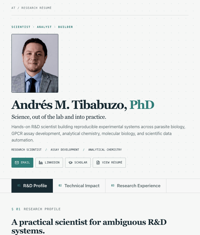 Interactive CV homepage showing Andrés Tibabuzo's research profile and navigation